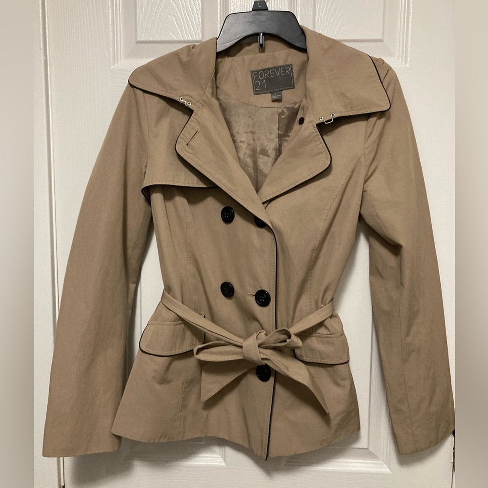 •Forever 21 Tan Beige Double Breasted Belted Large Peacoat Jacket #RB